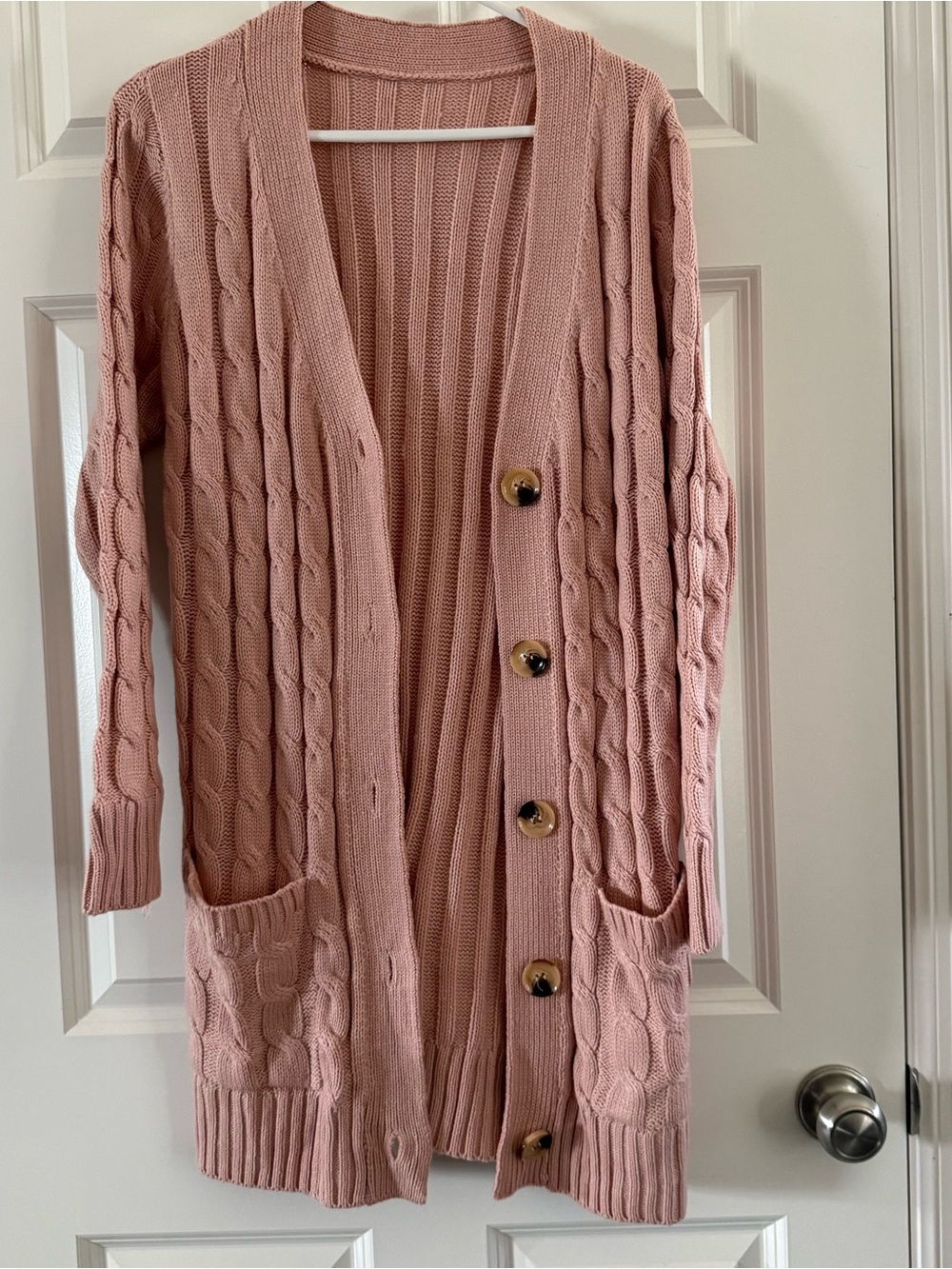Dusty Rose Cable-Knit Button-Front Cardigan